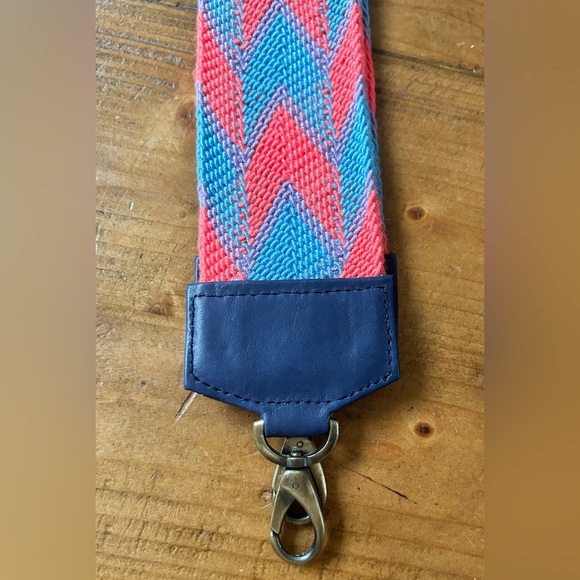 Wide woven bag strap in multicolor blue, lavender and orange. Brass hardware - Picture 3 of 3
